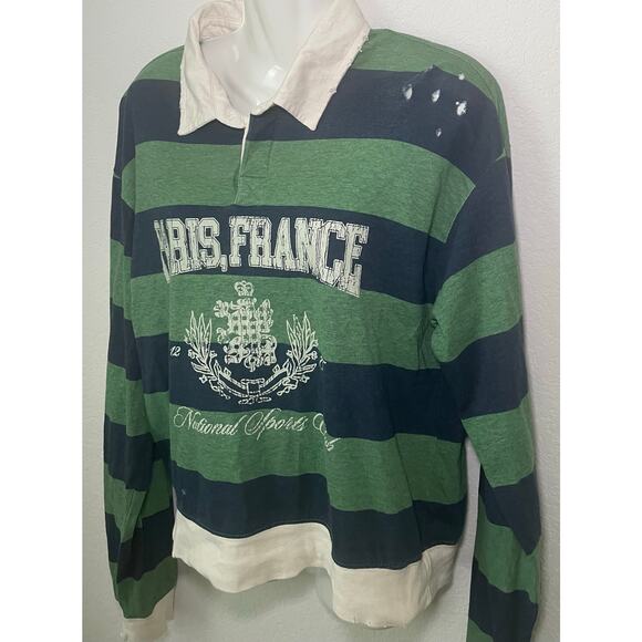 Women's Polo Style Striped Navy Blue & Green Long Sleeve Distressed Size Small - Picture 2 of 5